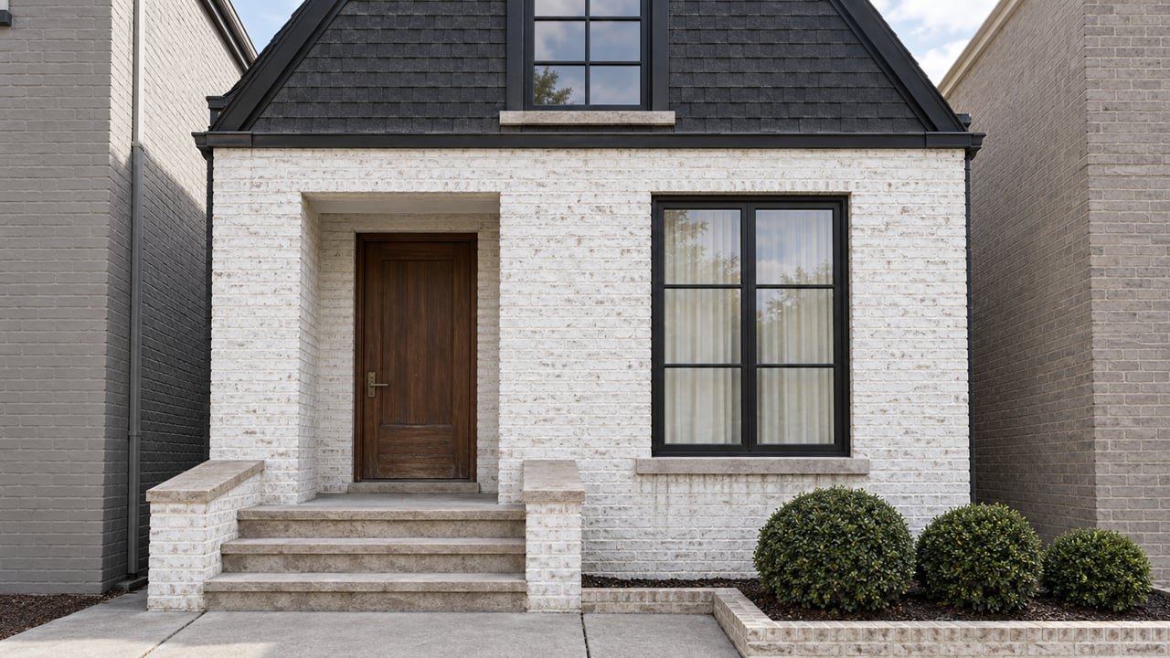 White-painted brick urban home with a dark gable, black divided-light windows and a walnut door above limestone entry steps.