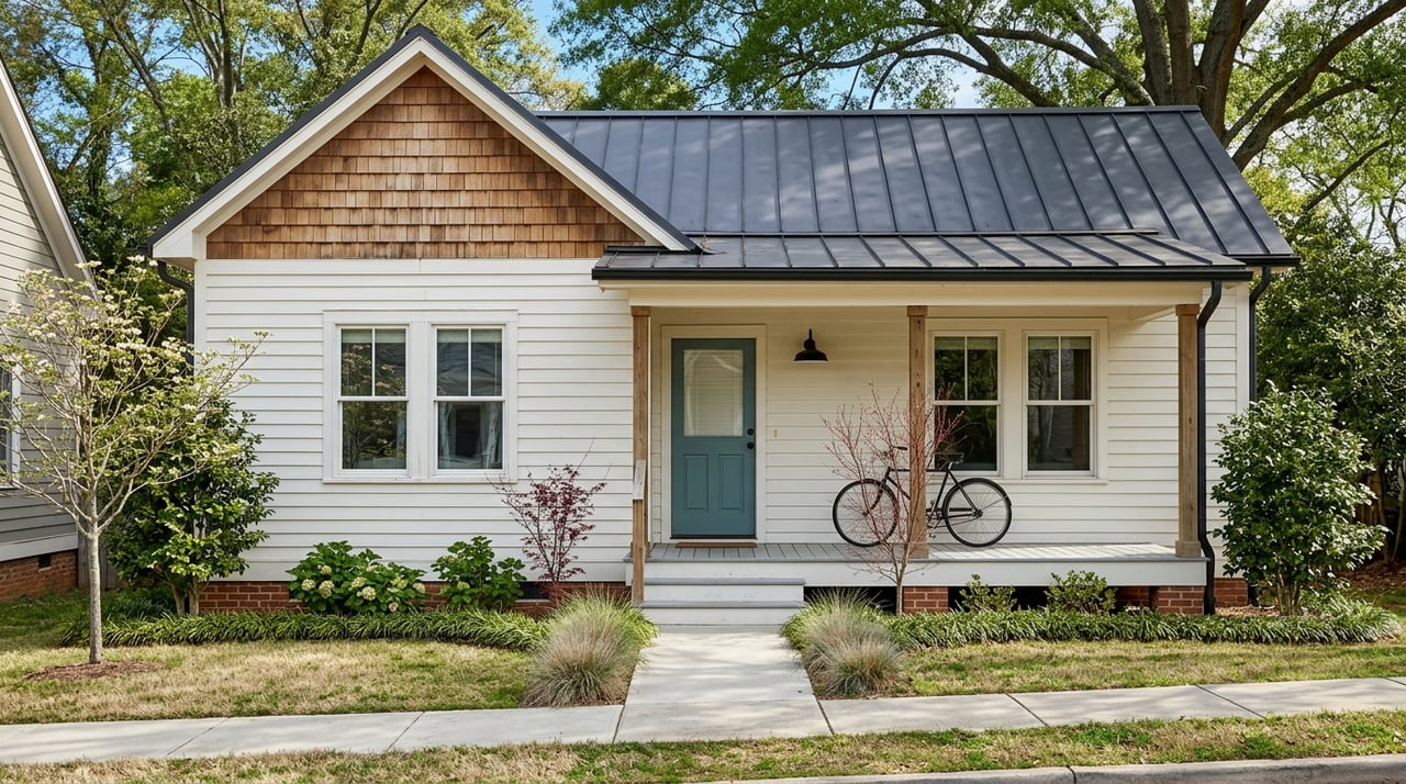 Compact cottage with a full porch and metal roof beside a sidewalk under tree canopy.