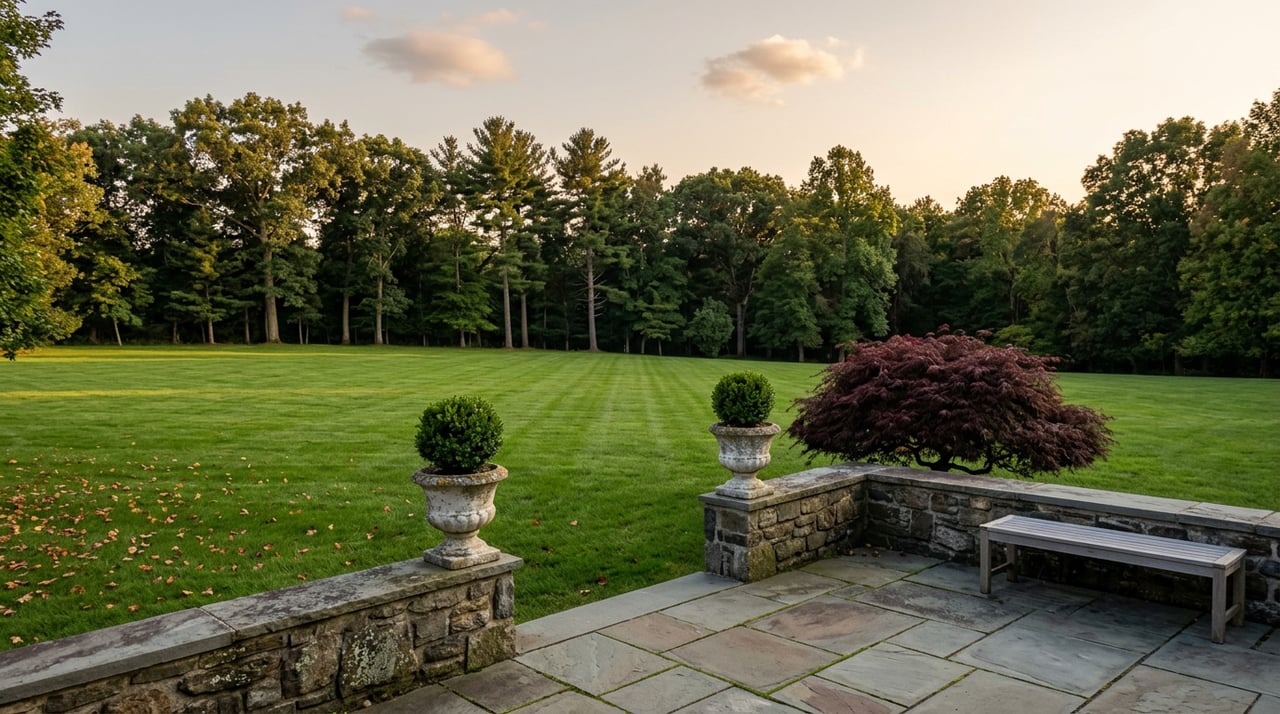 Stone terrace with weathered urns and clipped topiary overlooking a striped lawn and dense tree line.