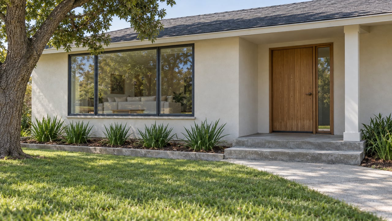 Low gabled stucco home with an oak entry door, broad living-room glazing, concrete steps and a green front lawn beneath a mature oak.