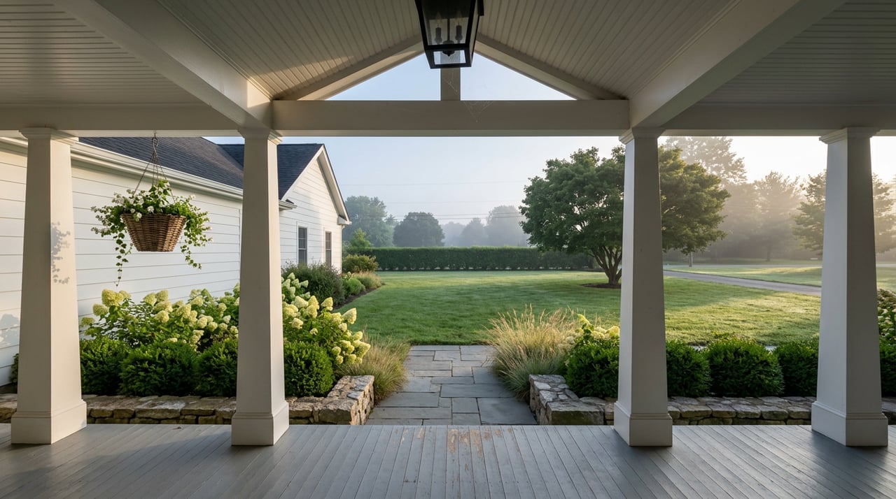 Covered porch with white columns overlooks a dewy lawn, bluestone path, and mature tree.