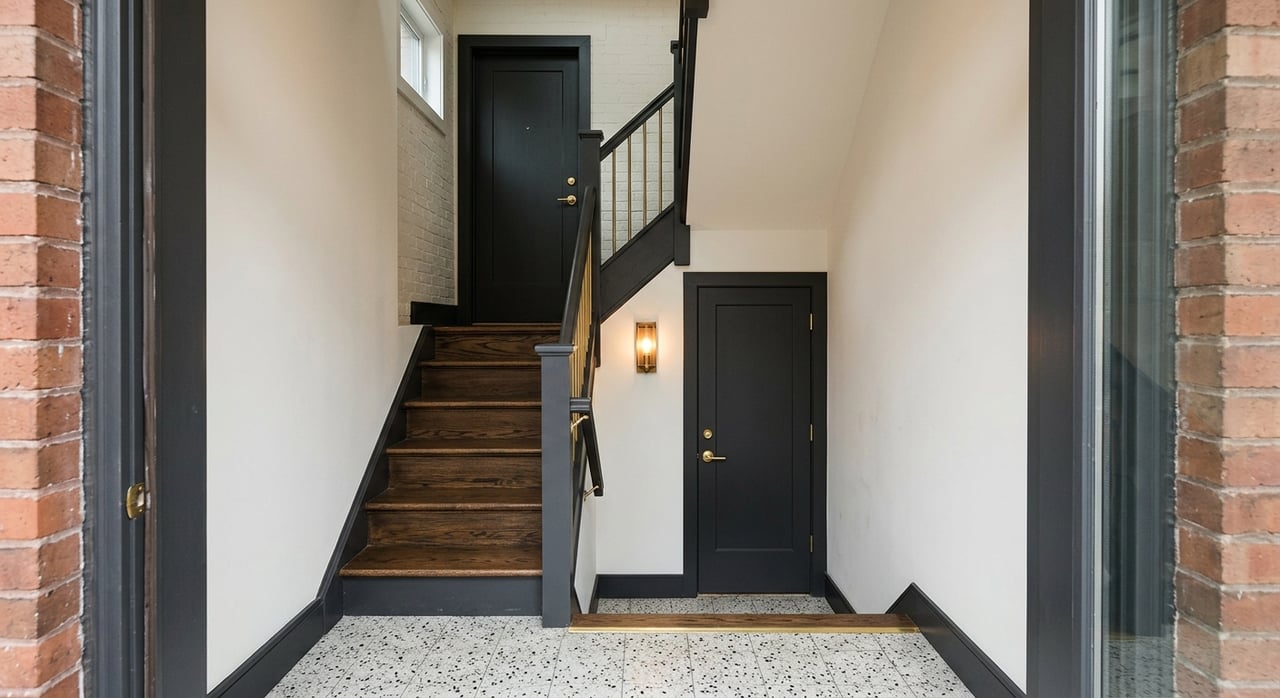Vestibule with charcoal door beside brownstone stairs, iron railing, and a potted plant.