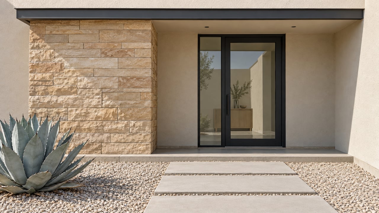 A shaded modern home entry with cream stucco, buff sandstone, dark-framed glass and concrete stepping slabs beside a blue-gray agave.