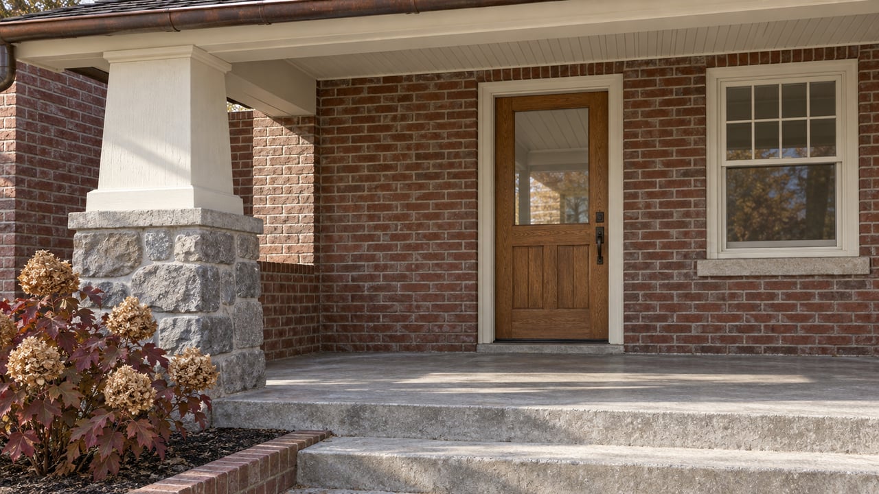 Brick bungalow porch with a fieldstone pier, glazed oak front door and burgundy oakleaf hydrangea beside concrete steps.