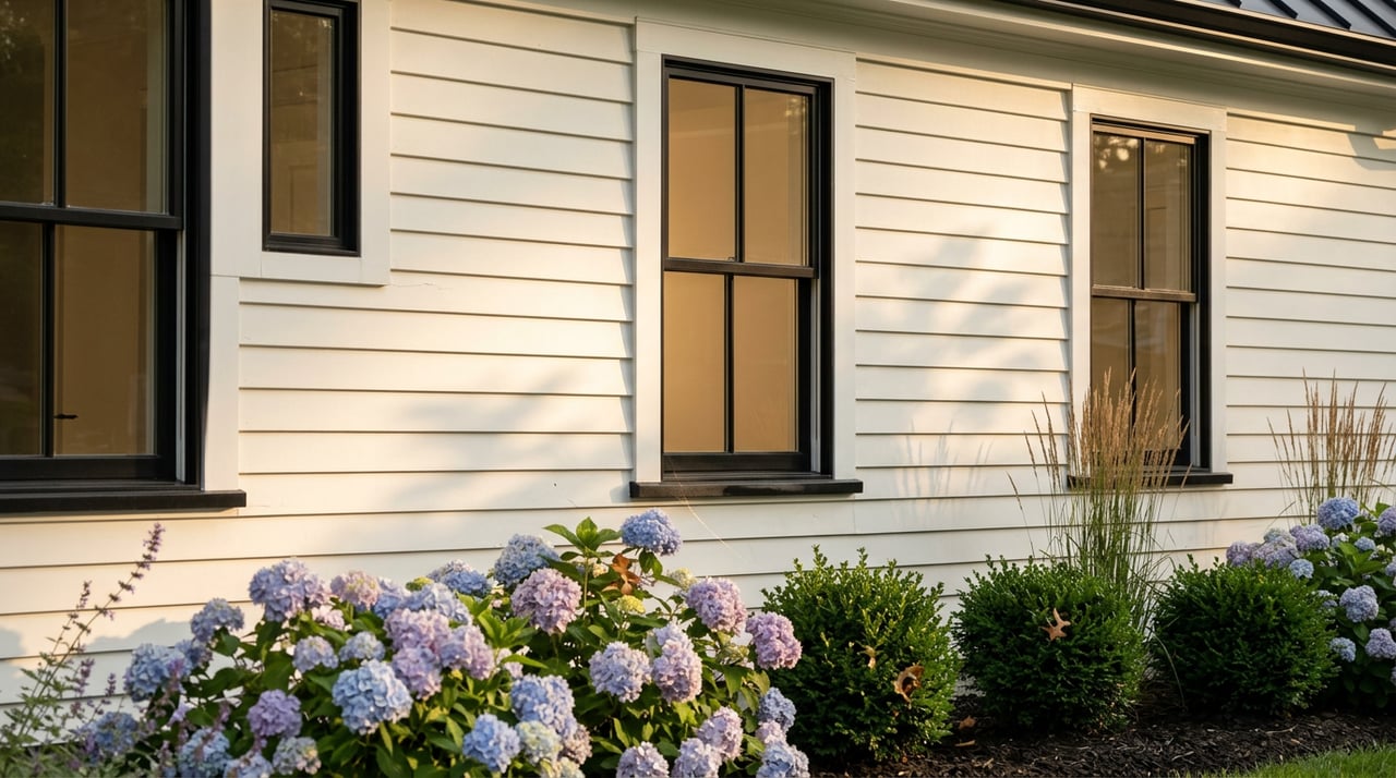 Three black-framed windows on a white clapboard facade above blue and mauve hydrangeas.