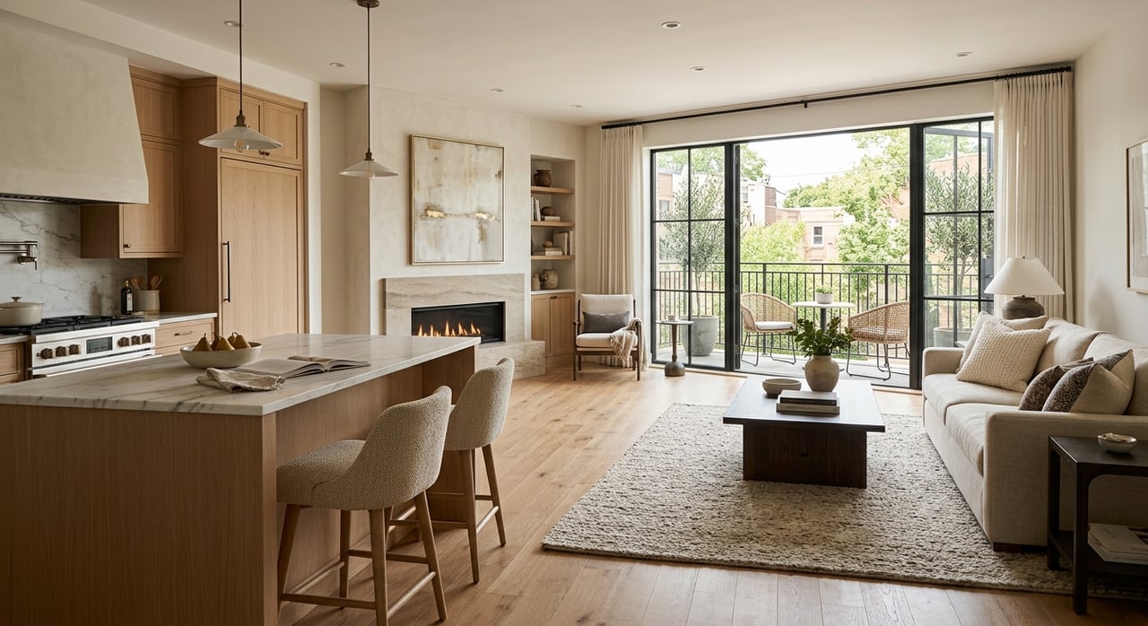 Modern townhome great room with an oak kitchen island, charcoal fireplace wall, and balcony windows overlooking greenery.