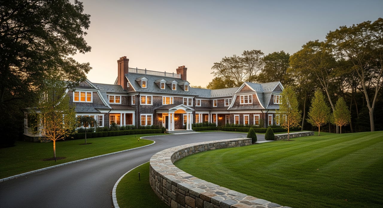 Large brick-and-slate mansion with dormer windows, a curved stone wall, and sweeping driveway across a manicured lawn.