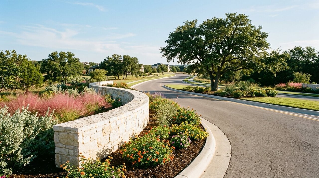 Stone subdivision entrance wall with landscaping in Central Texas, where HOA, MUD and PID costs apply