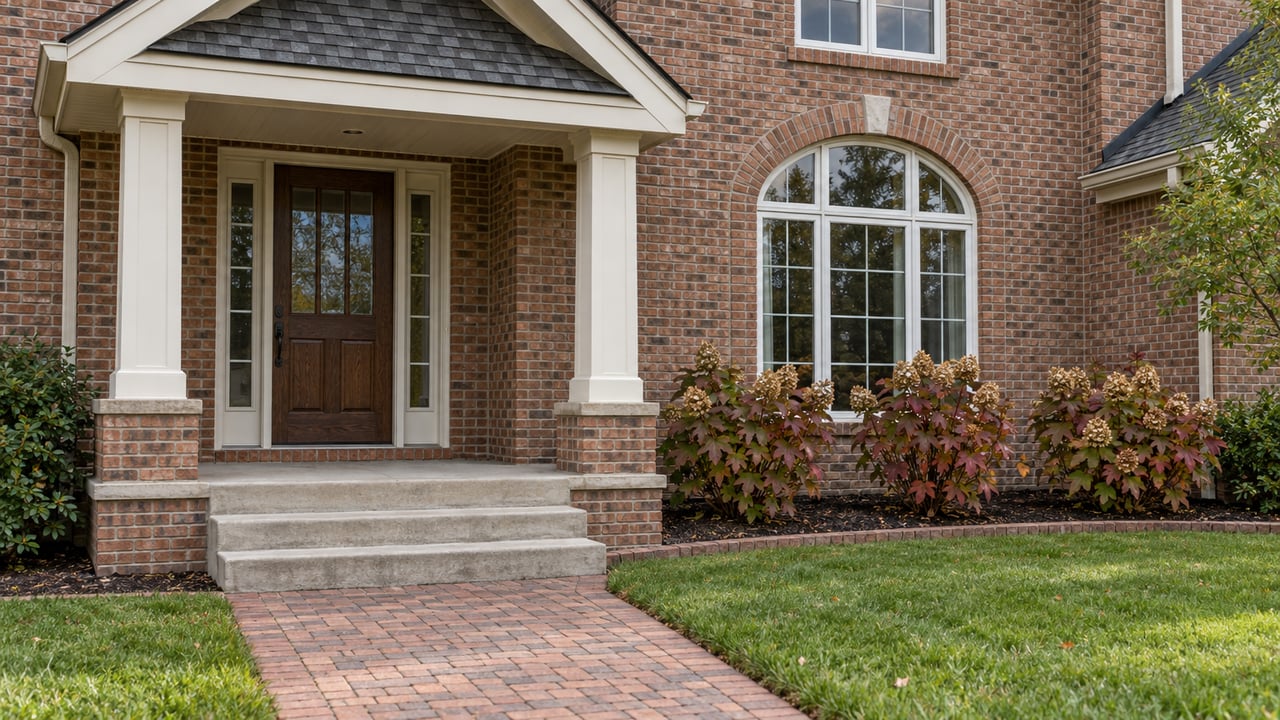 Covered brick-home entry with an oak door, paired ivory columns, arched window, brick walk and autumn oakleaf hydrangeas.