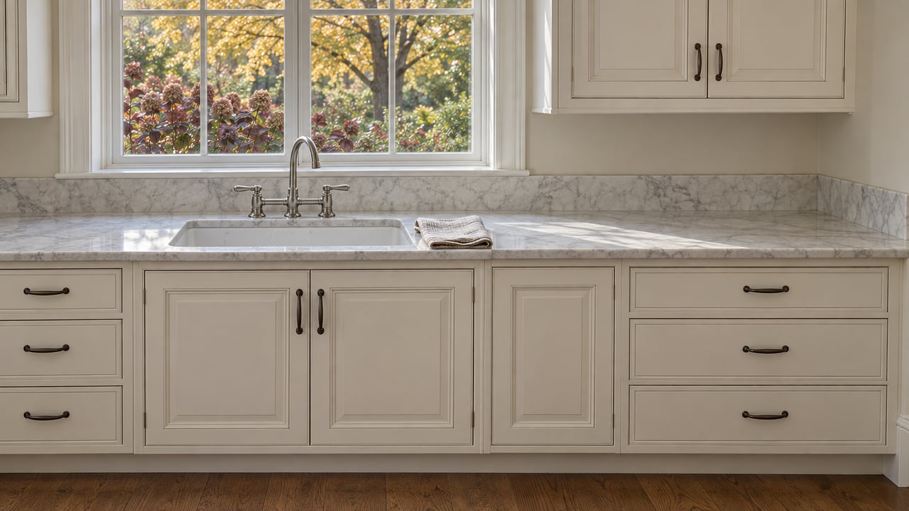 White raised-panel kitchen cabinetry, pale marble counters and a nickel faucet beside a window overlooking autumn foliage.