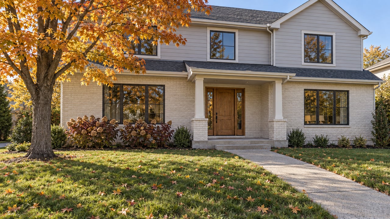 Autumn maple beside an ivory brick and gray clapboard home, with a deep lawn and concrete approach.