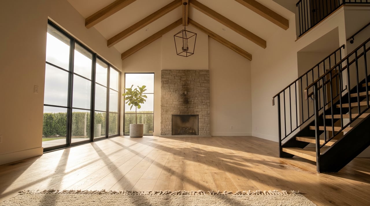 Vaulted great room with wood beams, corner glazing, stone fireplace, black steel stair rail, and oak floors.