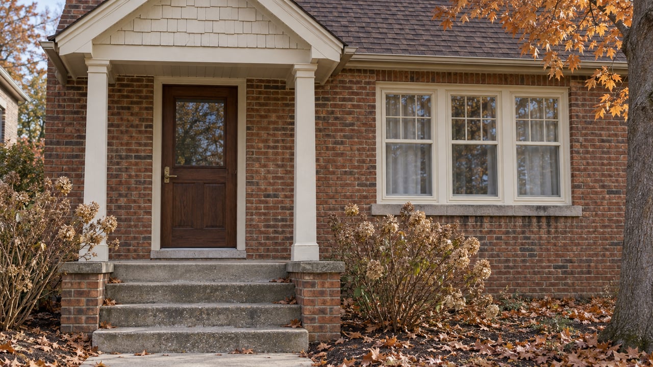 Brick home with a sheltered oak front door, ivory window frames, worn concrete steps and dried hydrangea flowers in late autumn.