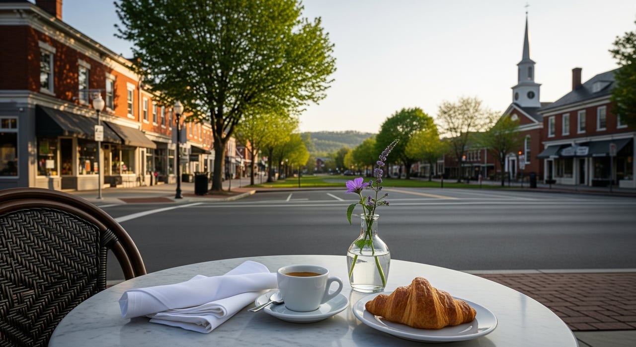 Croissant, coffee, and flowers on a sidewalk café table facing a small-town street and church steeple.