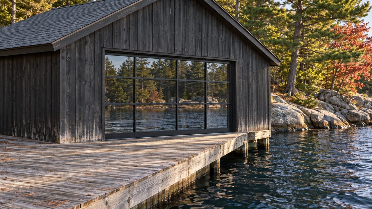 Charcoal cedar boathouse with a closed, glass-paneled door above a weathered dock, beside blue water and wooded shore.