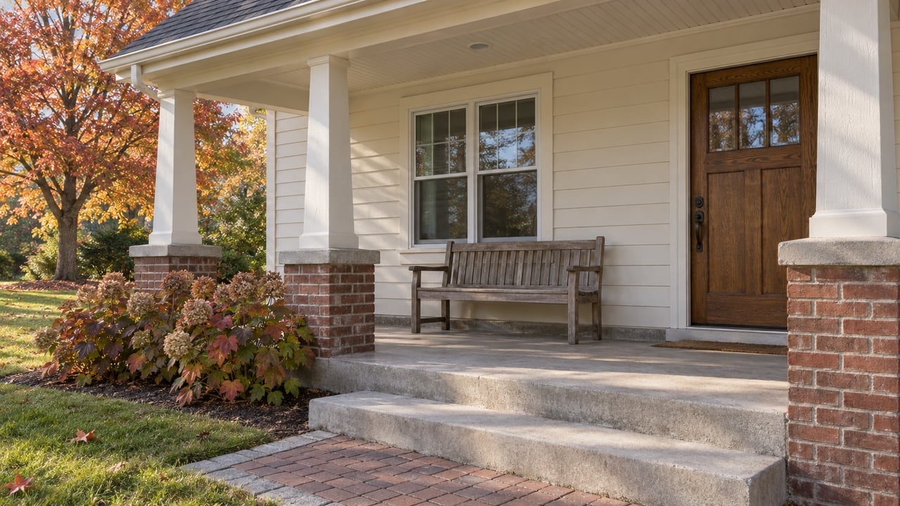 Covered front porch with an oak entry door, brick foundation, wooden bench and autumn maple foliage beyond the steps.