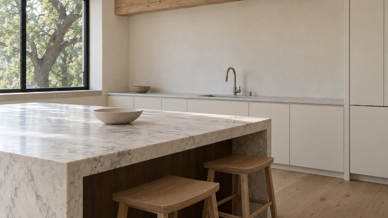 Daylit kitchen with a honed marble island, warm white cabinetry, oak stools and a black-framed window overlooking a mature oak.