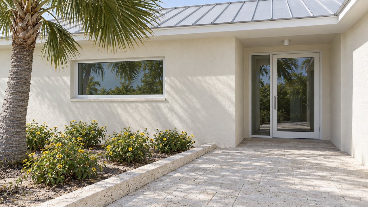 Sunlit ivory stucco home entrance with white-framed glass, pale limestone paving and a mature palm beside flowering dune sunflowers.