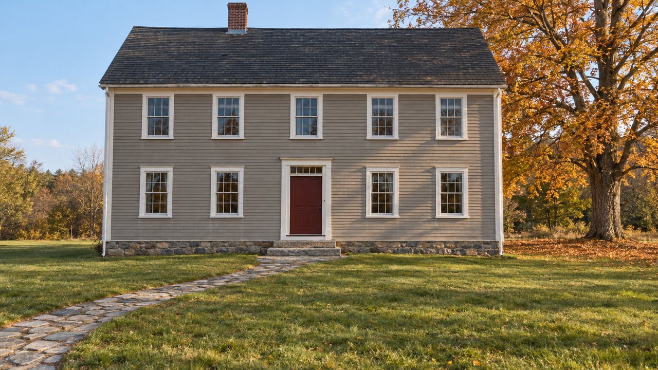 Traditional gray clapboard home beyond a deep autumn lawn, with white-trimmed windows, a stone approach and a mature amber-leaved maple.