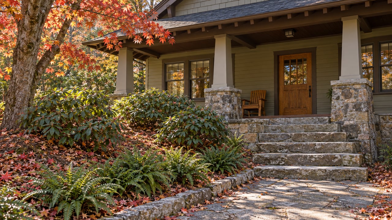 Stone steps climb through autumn planting to a timber-columned porch with olive wood siding and warm natural textures.
