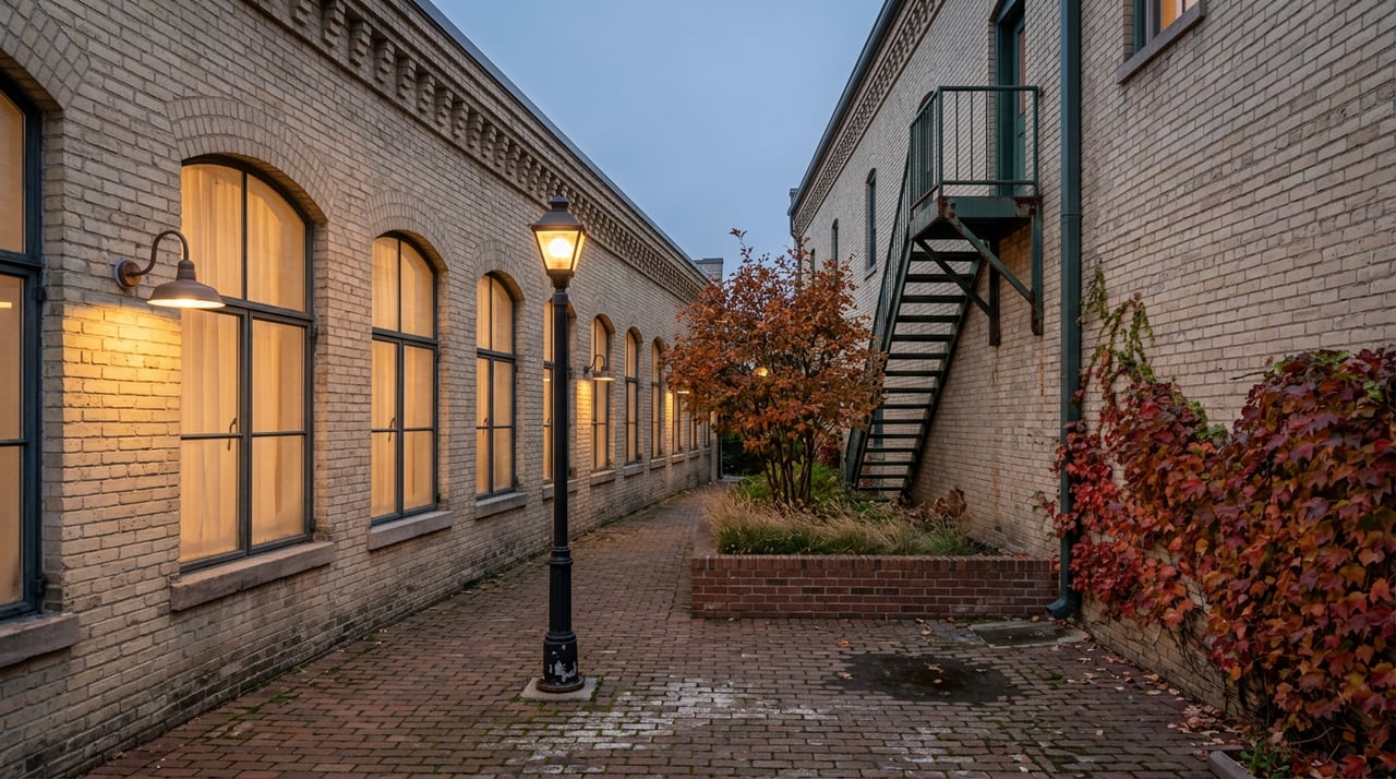 Brick courtyard between warehouse buildings, with glowing arched windows, a steel fire escape, and red-orange ivy.