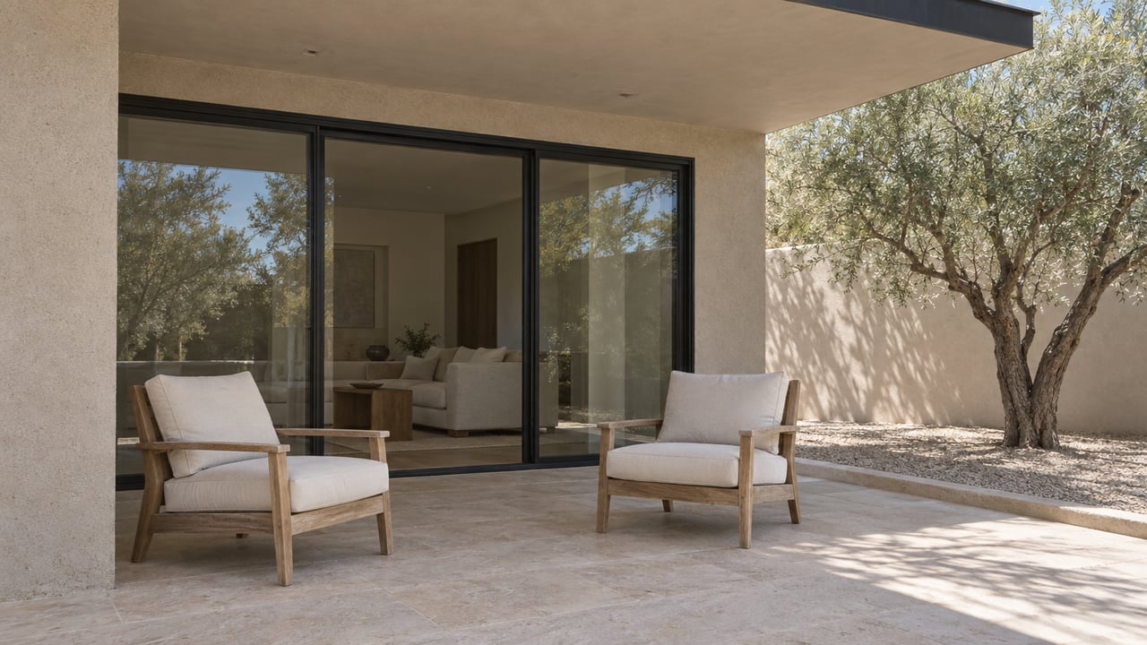 Two teak lounge chairs on a limestone terrace beside black-framed glass doors, sand-colored stucco, and a desert ironwood tree.