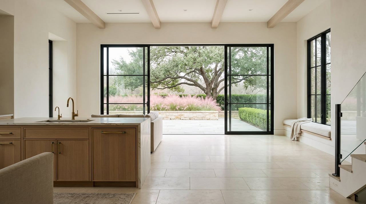 Great room with a white oak kitchen island, limestone floors, and black steel glass doors opening onto a shaded patio.