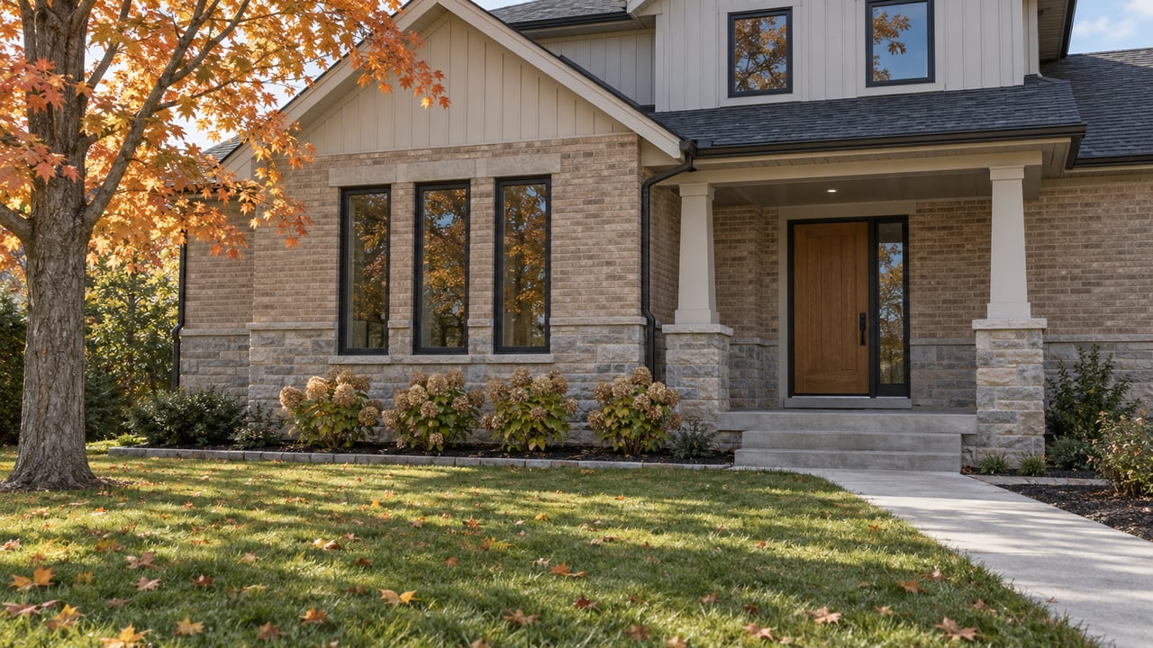 Gabled brick and limestone house with dark windows, a recessed oak entry and a deep autumn lawn beneath a sugar maple.