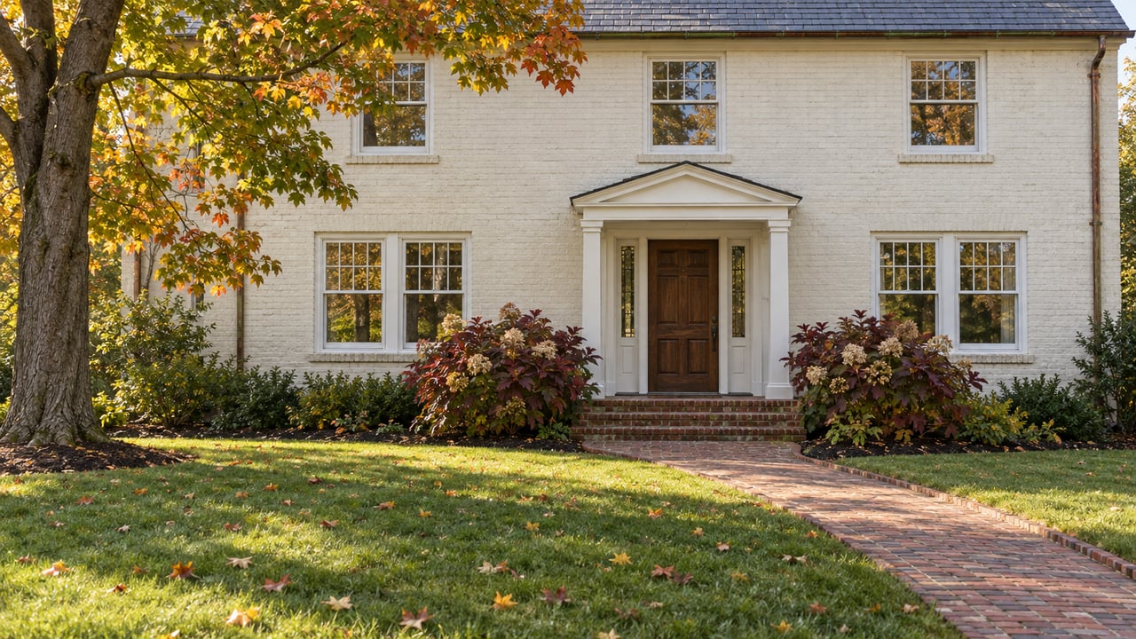Autumn sunlight on a painted-brick Colonial home, with a broad front lawn, brick walkway, and a mature maple turning gold.