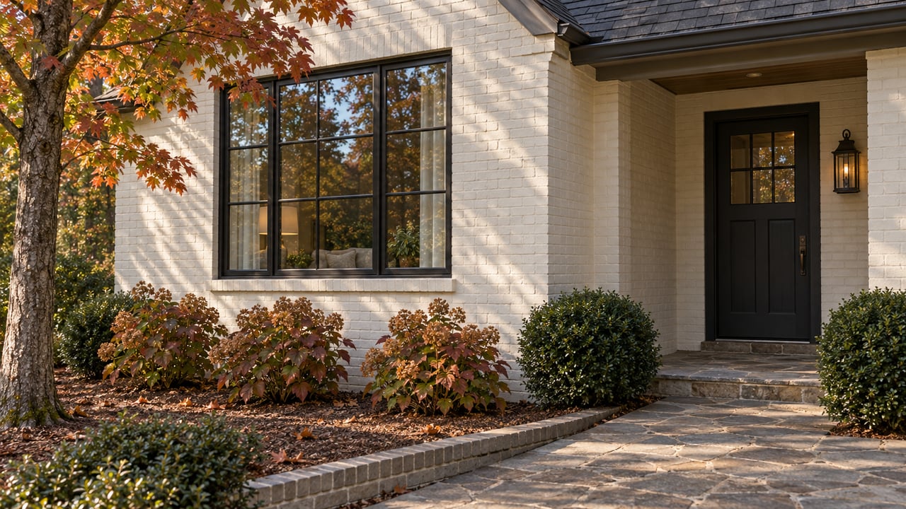 Cream-painted brick home with black-framed window, recessed dark front door, and stone approach beside copper-red maple leaves and oakleaf hydrangeas.