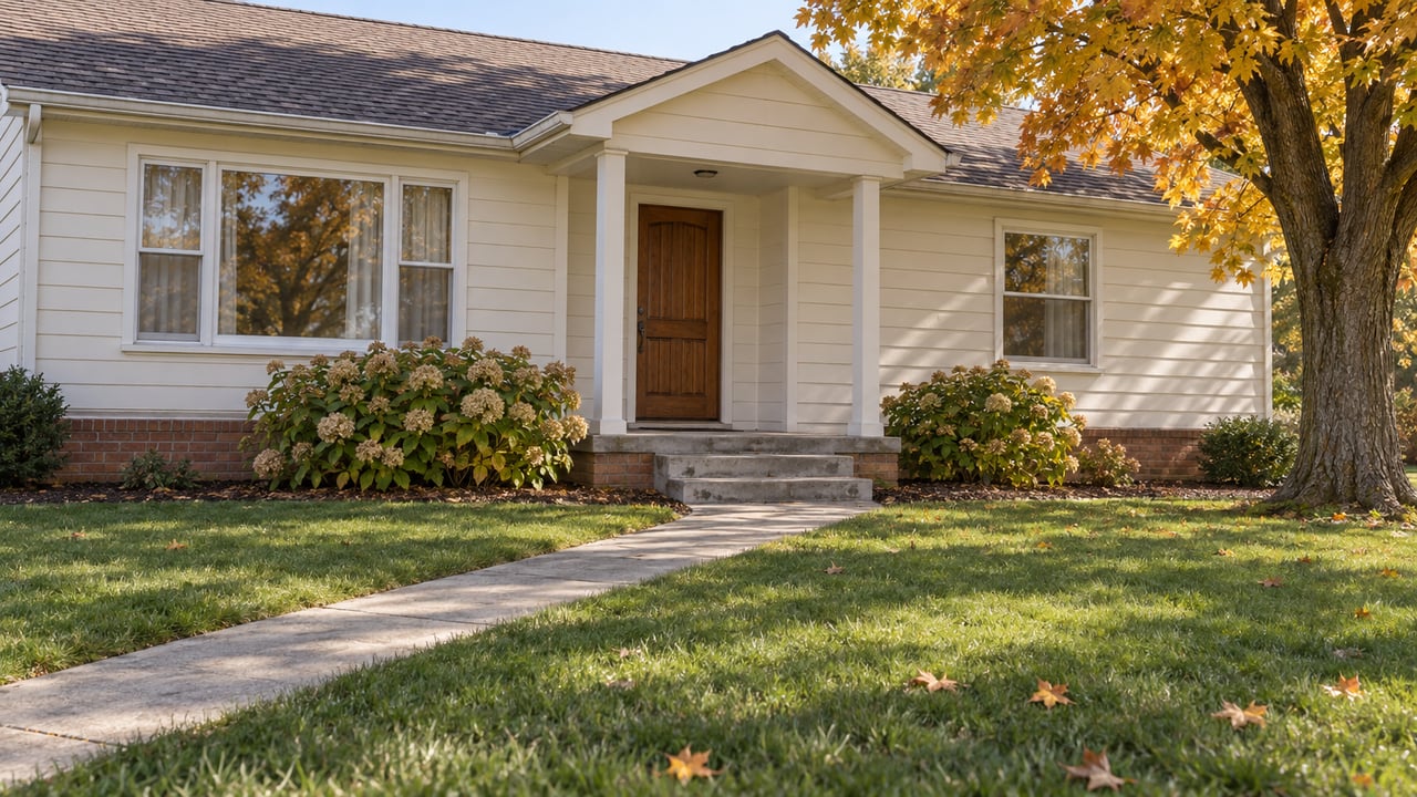 Cream-sided ranch house with a concrete entry walk, broad autumn lawn and a gold-orange sugar maple.