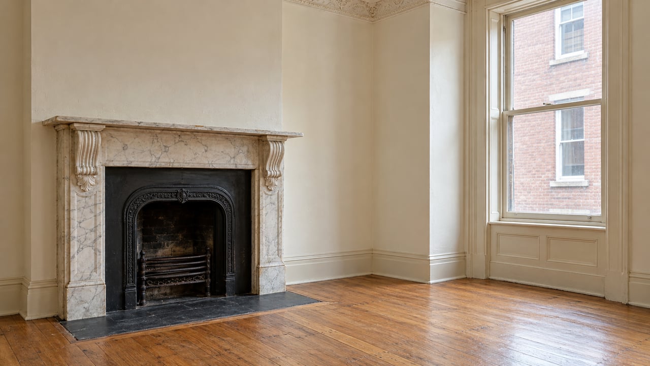 An aged cream-marble fireplace beside a tall sash window, with ivory plaster walls and worn oak floorboards.