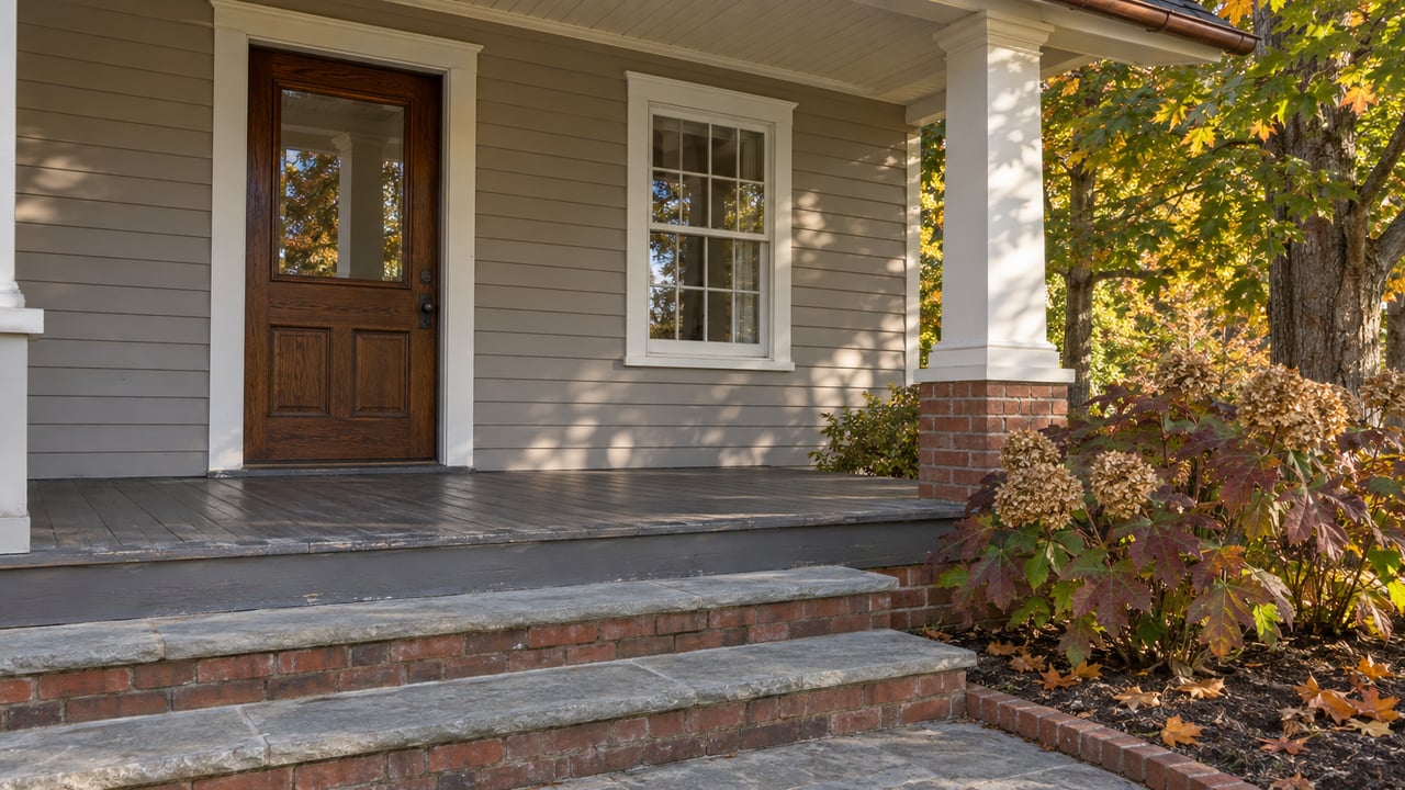 Traditional gray clapboard home's porch entry with weathered wood, brick and stone steps, and early autumn maple and oakleaf hydrangea foliage.