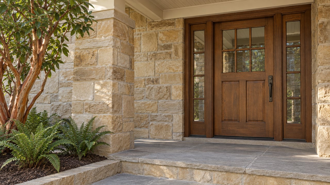 Close view of a stone porch with an oak door, matching glazed sidelights, limestone steps, and a strawberry tree beside three sword ferns.