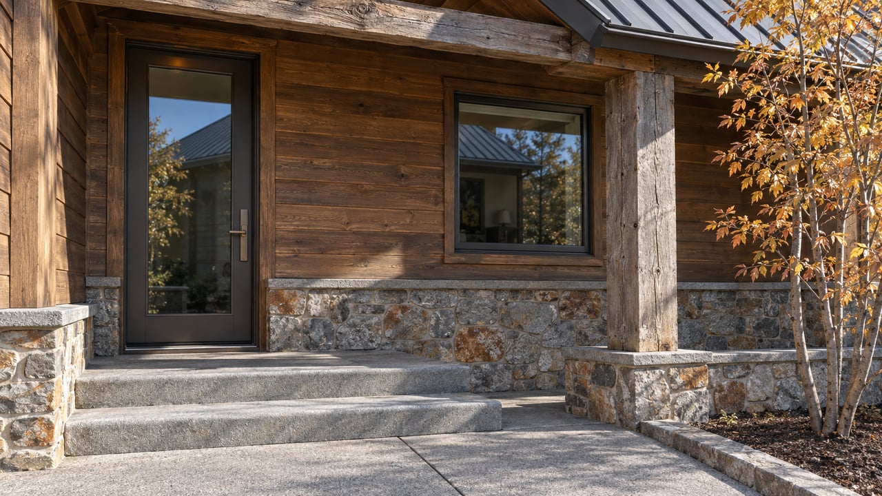 Sunlight reveals weathered timber, bronze-framed glazing and stone steps at a sheltered home entrance, beside a small autumn maple.