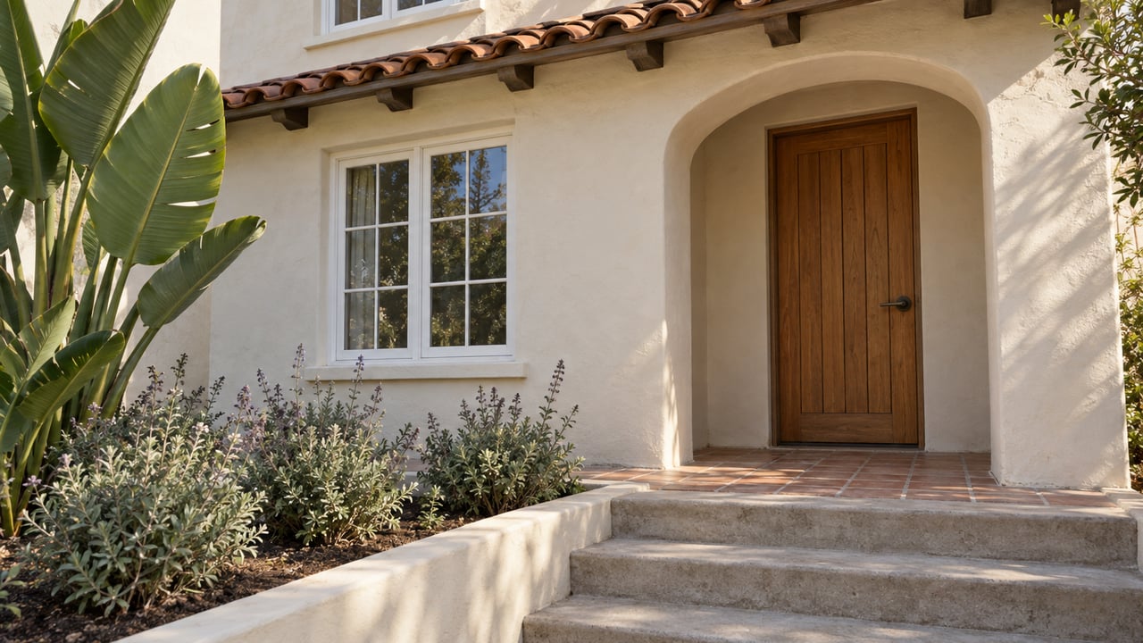 Spanish-style home entrance with an arched entry, wooden door, terracotta tiles, and lush landscaping.