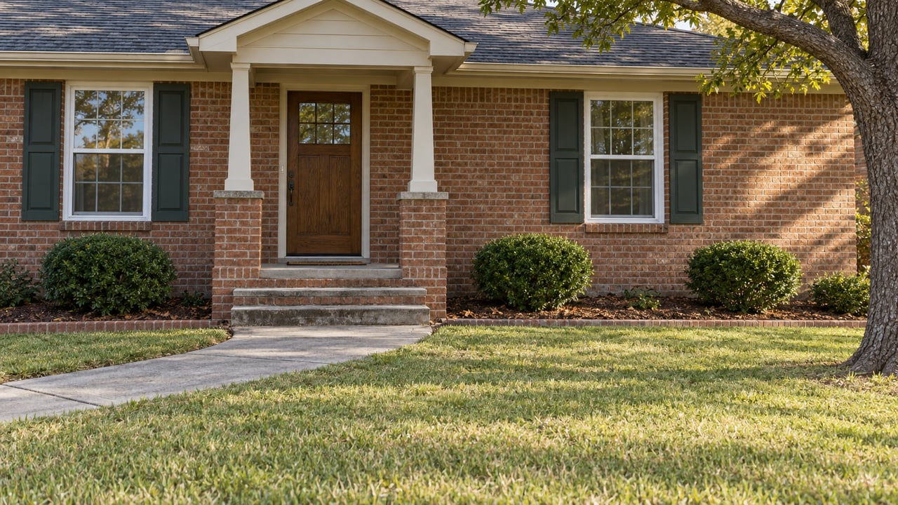 Sunlit brick home with a covered oak entry door, paired shutters, curved concrete walk and broad lawn.