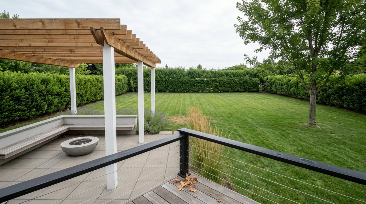 Raised-deck view across a backyard patio, cedar pergola, fire bowl, lawn, and clipped hedge.