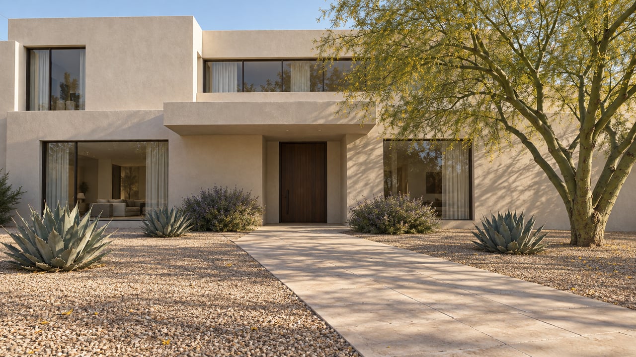 Morning light on an ivory stucco home with bronze-framed windows, a limestone approach, and a sculptural green-trunked tree in a gravel garden.