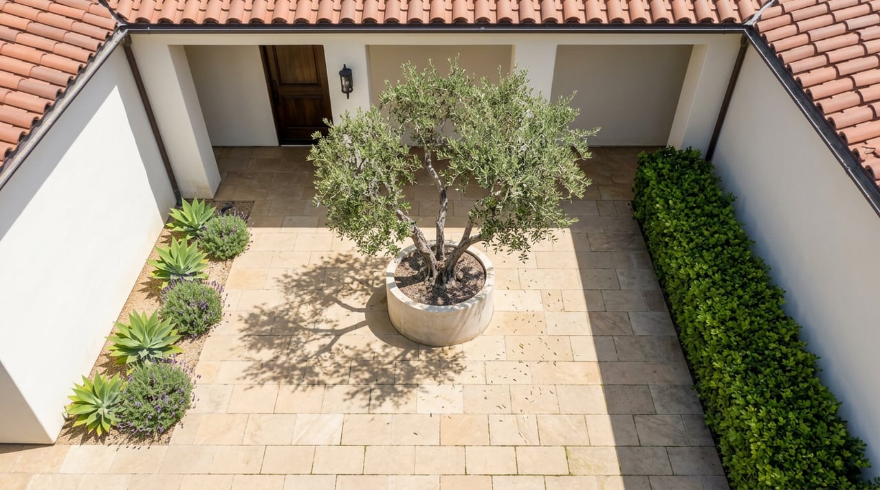 Overhead courtyard with an olive tree in a stone planter, pavers, clipped hedge, and tiled-roof entry.