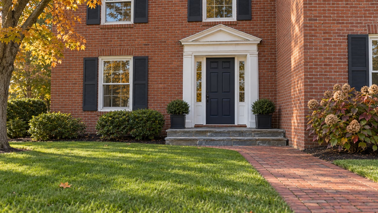 Red-brick two-story home with white trim, a navy front door, bluestone steps and a broad lawn in warm autumn daylight.