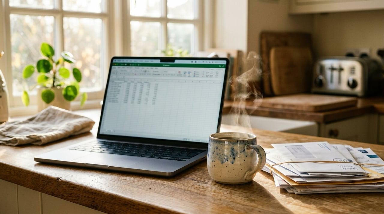 Laptop with a budget spreadsheet and household bills on a kitchen counter, cost of living in Leander, TX