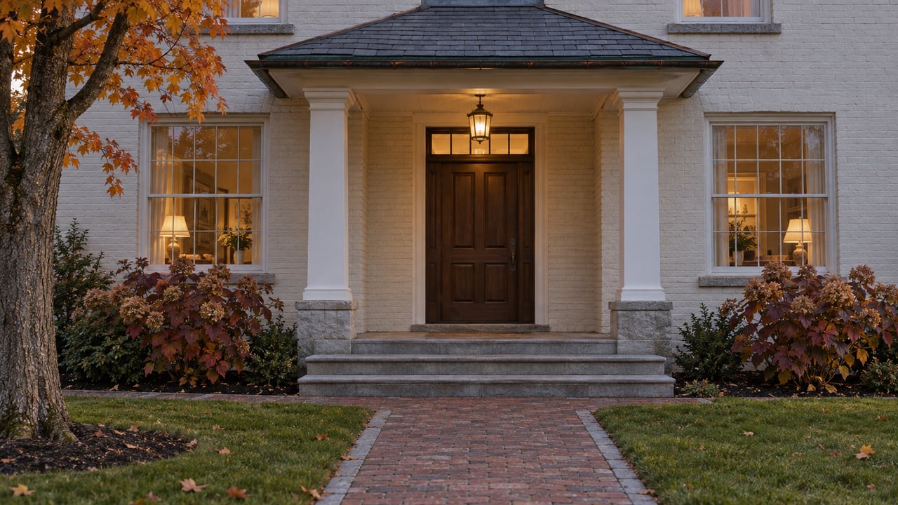 Ivory brick home with a slate-roofed porch, stone steps, and autumn maple foliage in soft evening light.