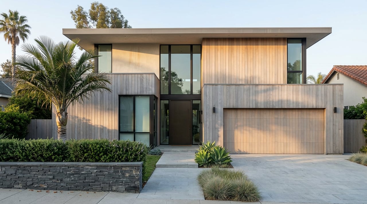 Two-story home with cedar and plaster facade, limestone motor court, palm, and drought-tolerant landscaping.