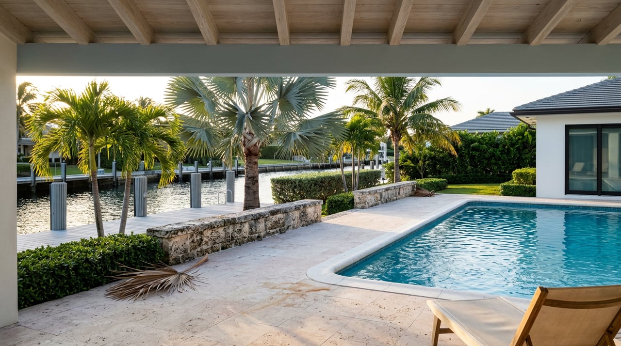 Pool terrace beneath a timber loggia, with a tall palm, coral-stone wall, and canal dock beyond.