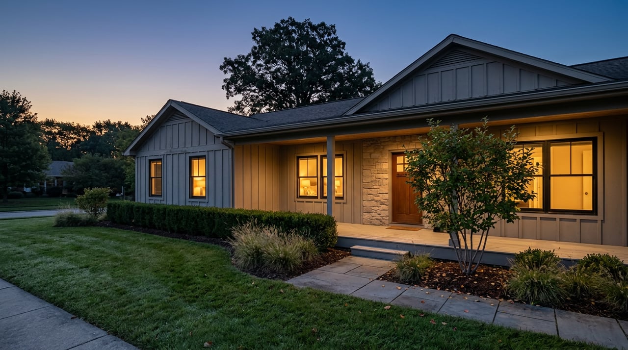 Craftsman-style home glowing at dusk, with a stone entry accent, clipped hedge, ornamental grasses, and broad front lawn.