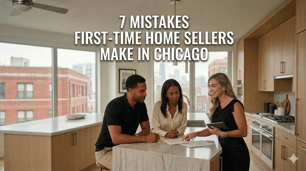First-time home sellers reviewing listing paperwork with a Chicago real estate agent before listing their home