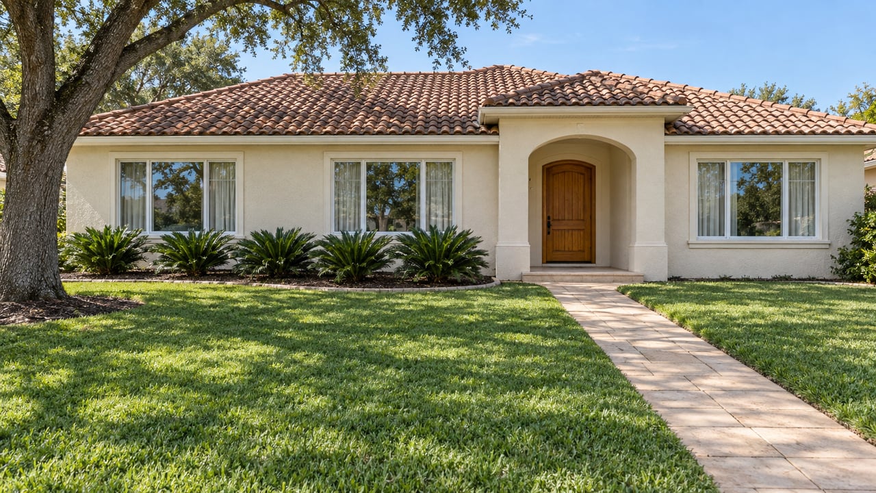 An ivory stucco home with a terracotta tile roof, recessed arched entrance, deep front lawn, and mature live oak in afternoon light.