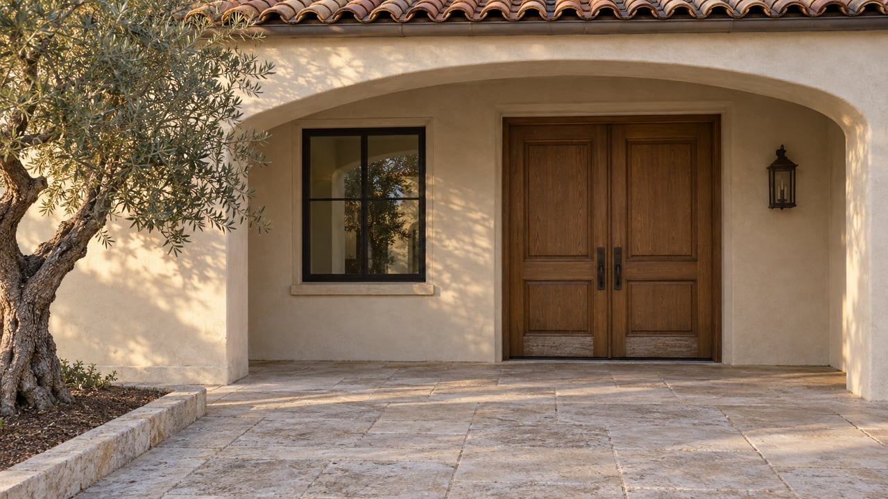 Cream stucco home entry with paired oak doors, worn limestone terrace and an olive tree in warm evening light.