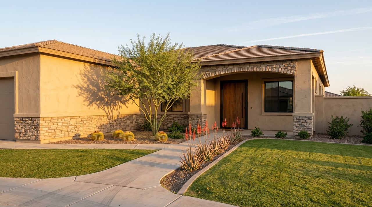 Sand-toned stucco home with a walnut entry door, stone wainscot, palo verde tree, cacti, and curving concrete walk.